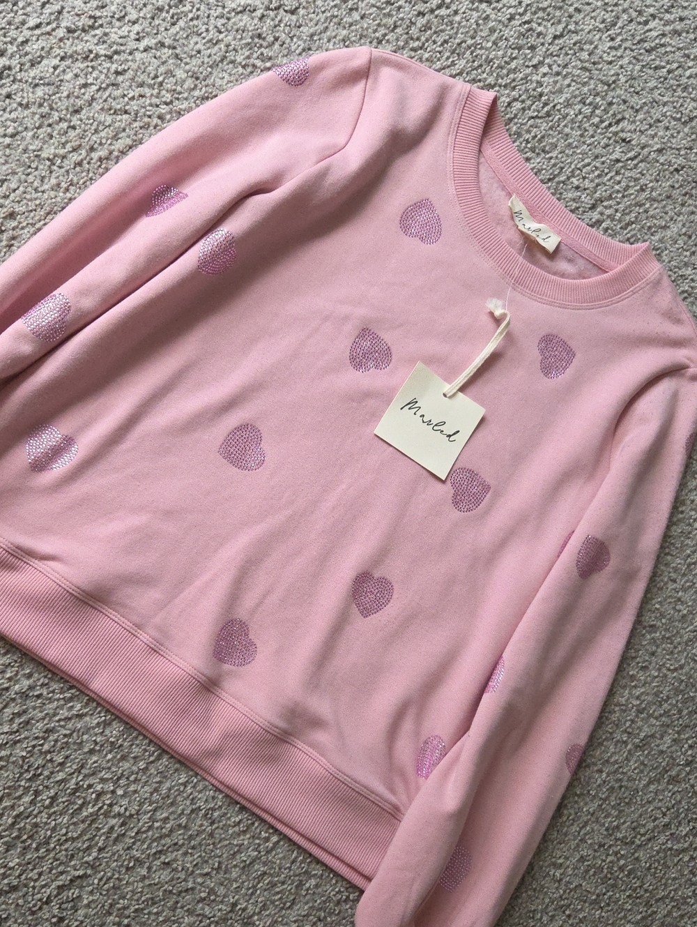 Marled NWT Pink Crewneck Pullover Sweater with Shimmer Heart Accents Small